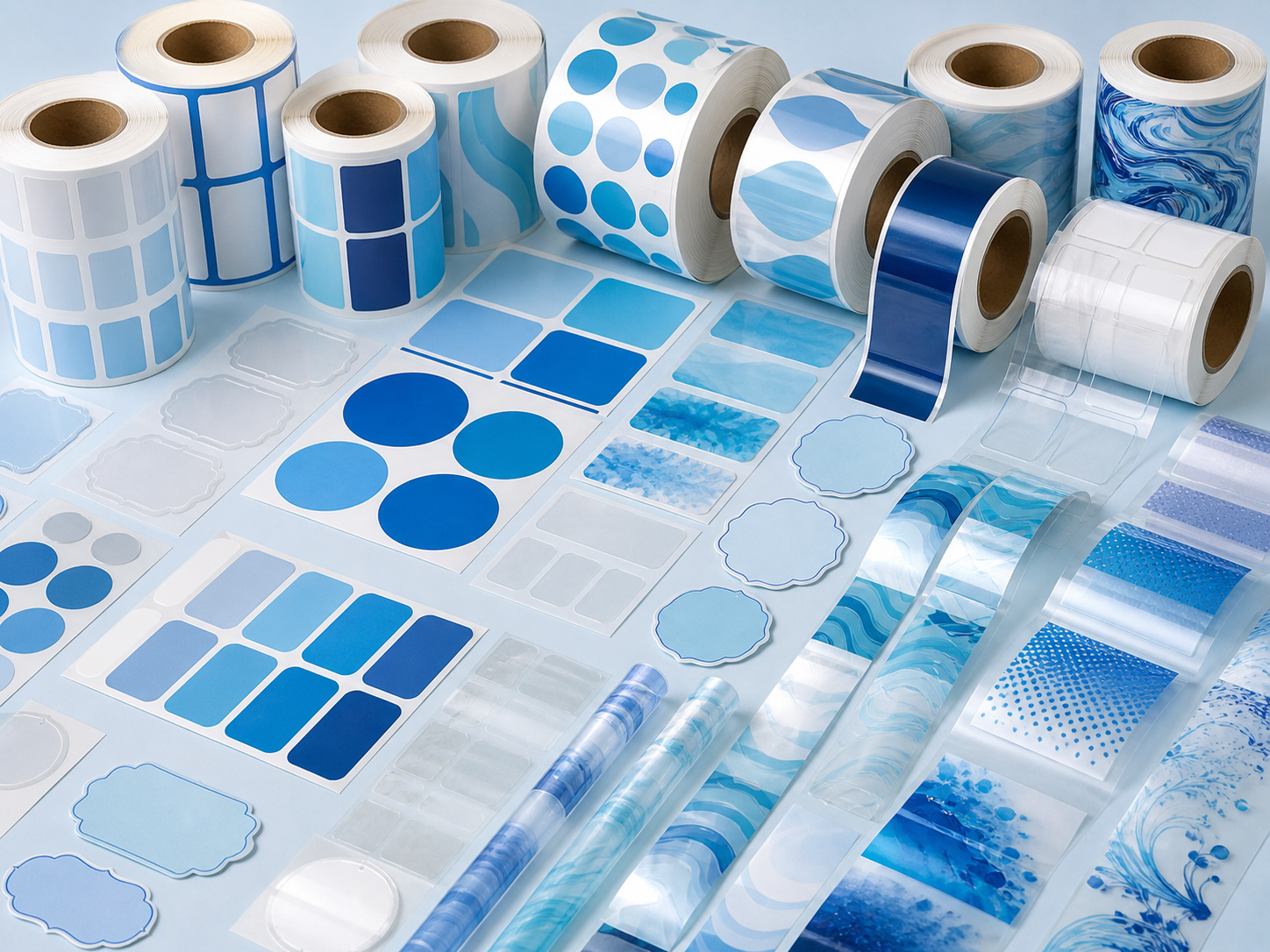Assortment of self-adhesive and shrink-sleeve label materials without bottles
