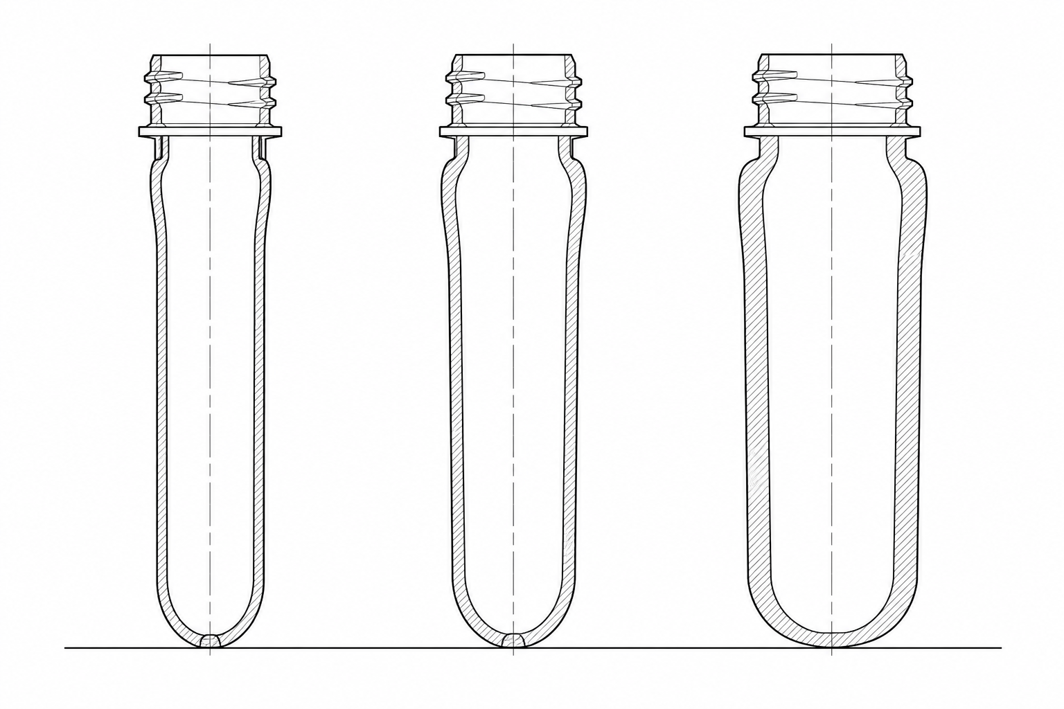 Black and white technical comparison of lightweight, standard and heavy PET preforms