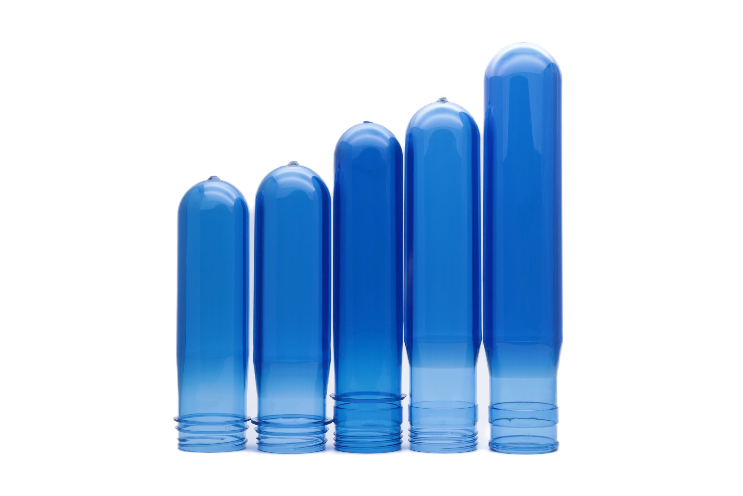 55mm PET preforms in multiple blue weights